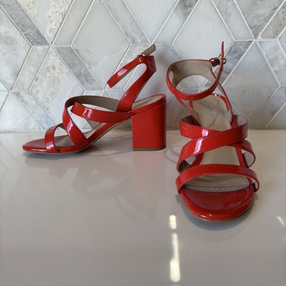 Stuart Weitzman Shoes - Stuart Weitzman Sz 6.5M Strappy Criss Cross Block Heel Patent Red Avenue Sandal